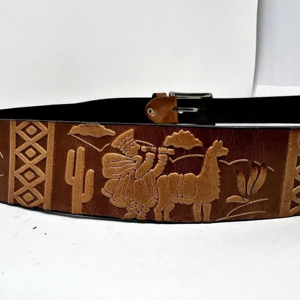 Vintage Grunts Peru Leather Belt Cuzco Tooled Carved Llama Western 40/100